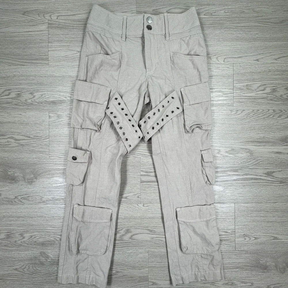 Zara Women Cargo Pants Grommet Strap Utility Multi Pocket Tan XS Limited Edition
